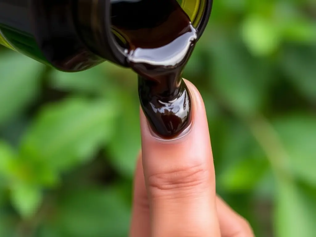 Close-up shot of dark, rich Jamaican Black Castor Oil being poured from a bottle onto fingertips, with a backdrop of lush green Jamaican foliage, emphasizing the oil's natural origin and potent texture.