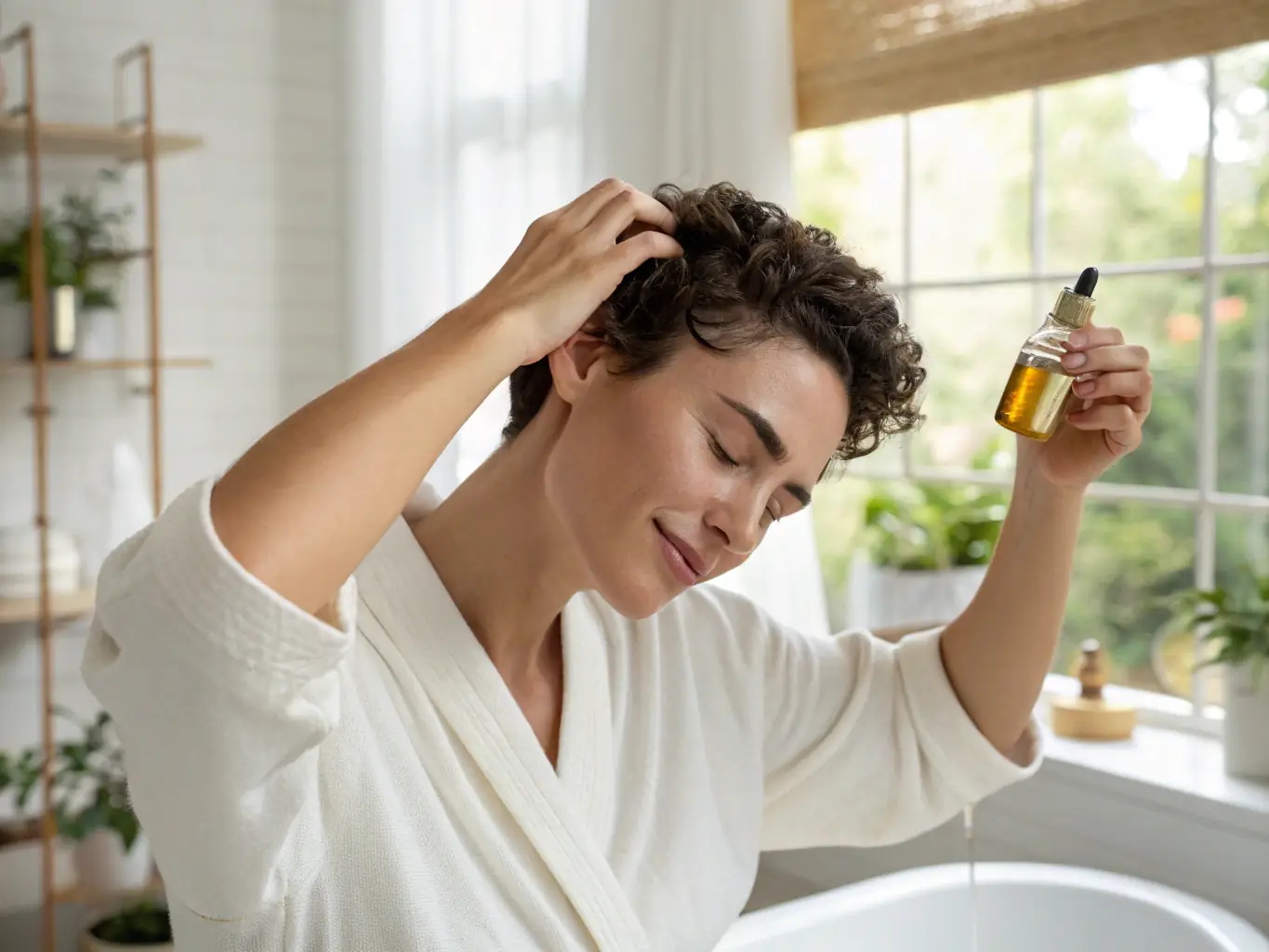 Image of a person massaging rosemary essential oil into their scalp, with focus on the hands and hair, showcasing the application and benefits of rosemary oil for hair health.
