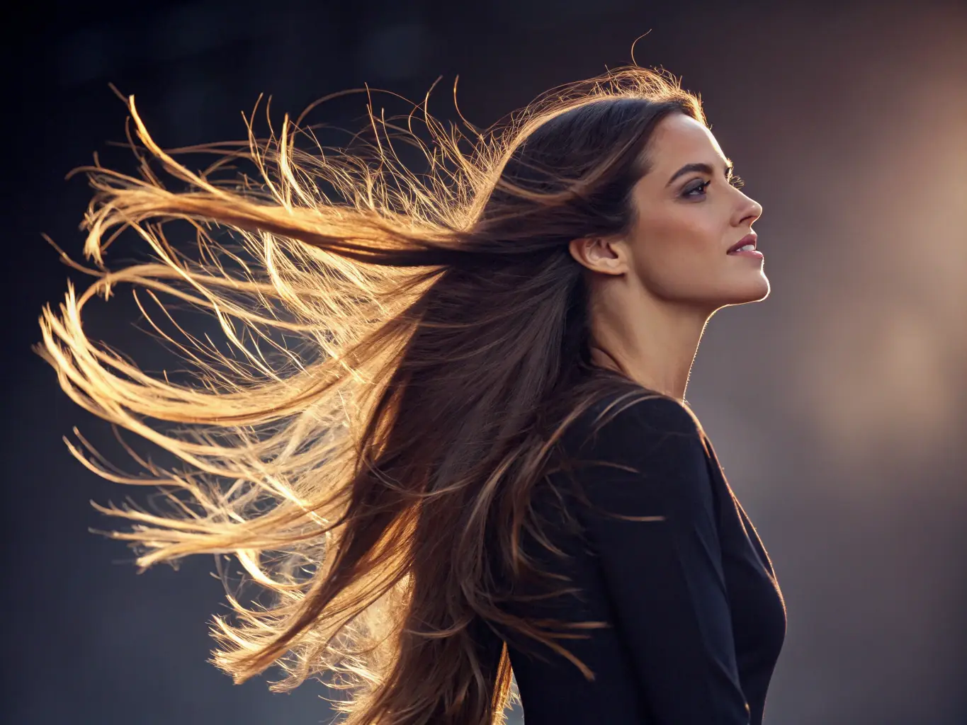 Image of a person with shiny, healthy hair, smiling confidently, with a blurred background of a natural Jamaican landscape, representing the overall benefits of using Jamaican Black Castor Oil and essential oils.
